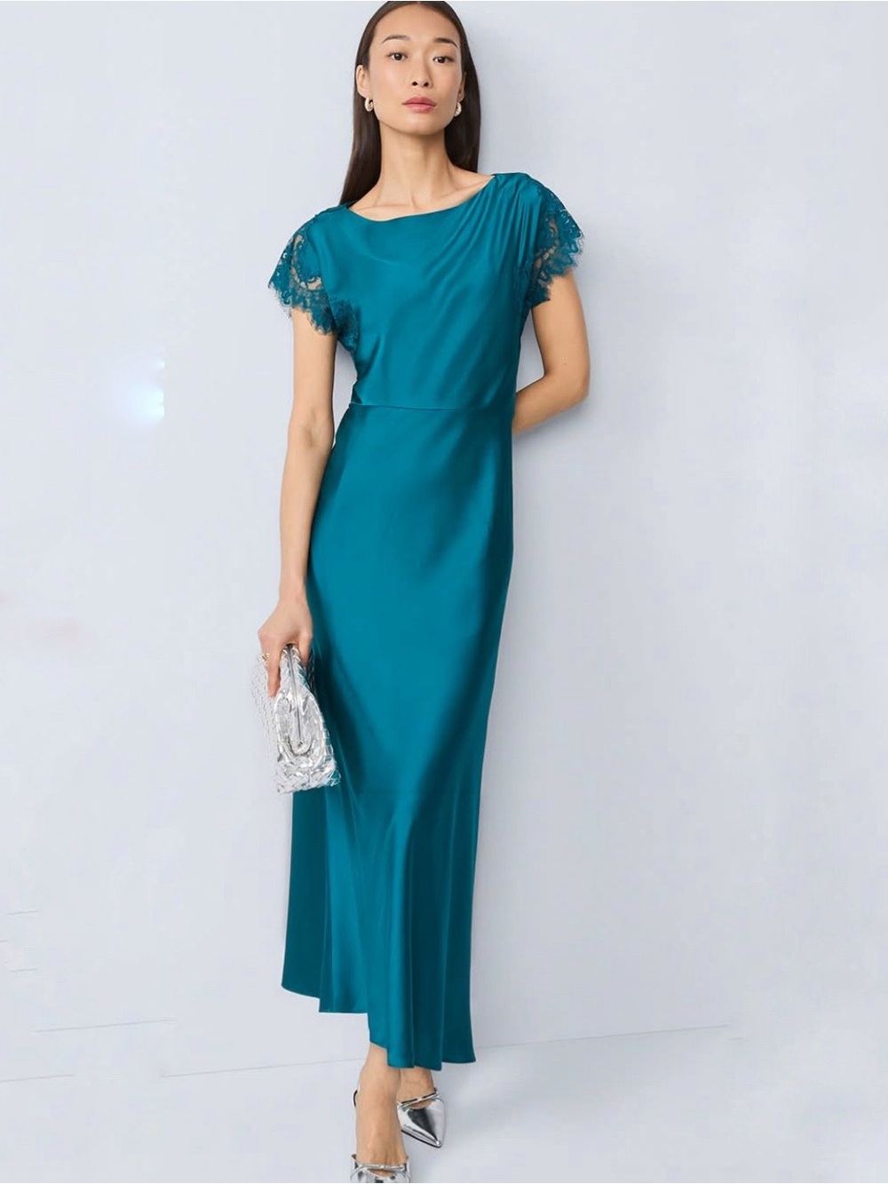 NWT Ann Taylor Lace Sleeve Satin Maxi Dress size 10P Petite Peacock Teal Evening